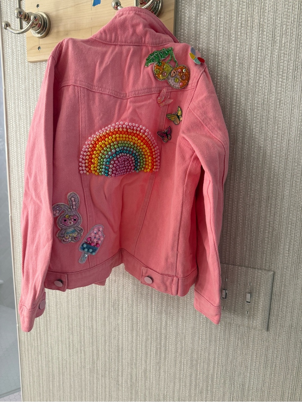 Lola + The Boys Pink Beaded Rainbow Patch Jean Jacket